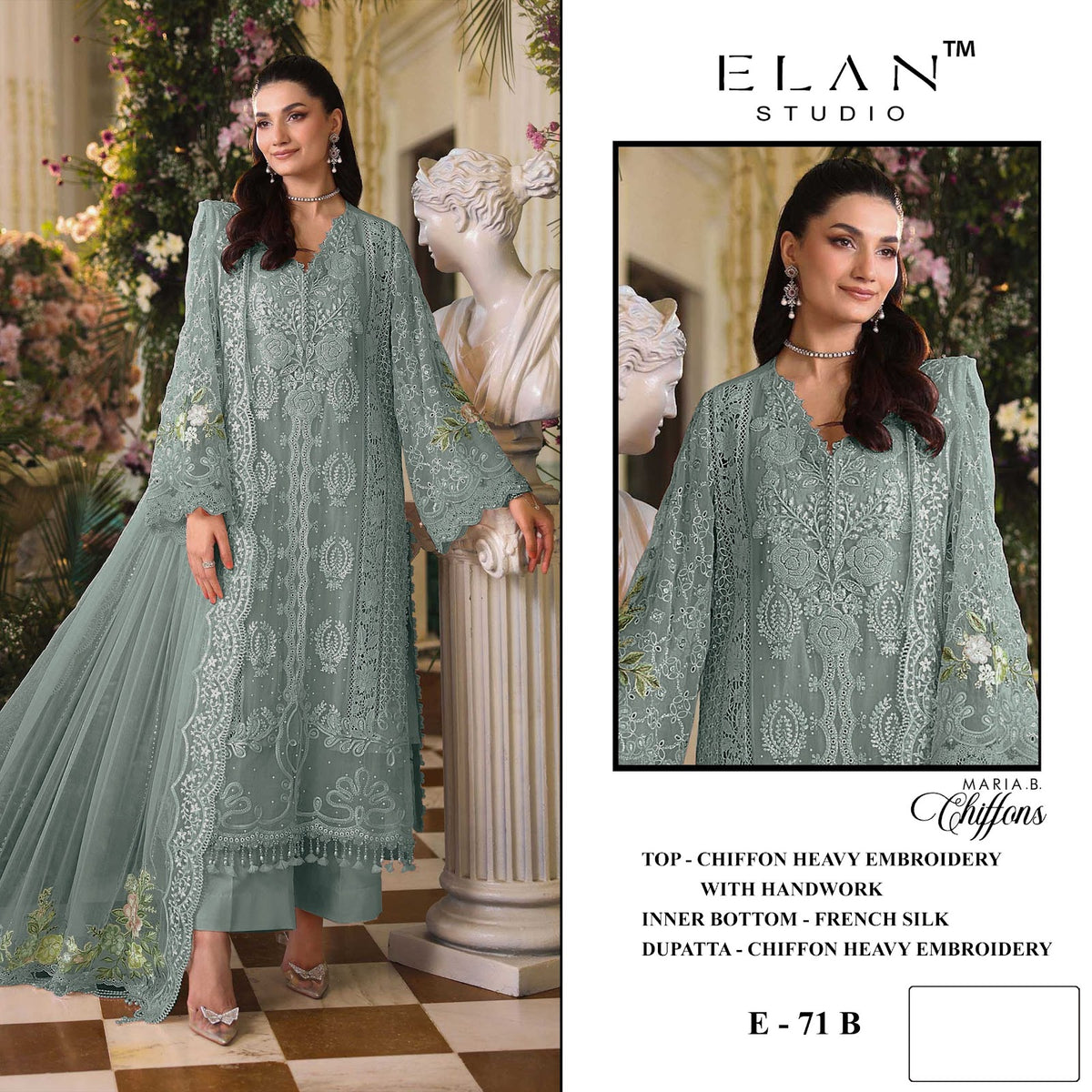 E-71 Elan Studio Chiffon Pakistani Salwar Suits Exporter Ahmedabad