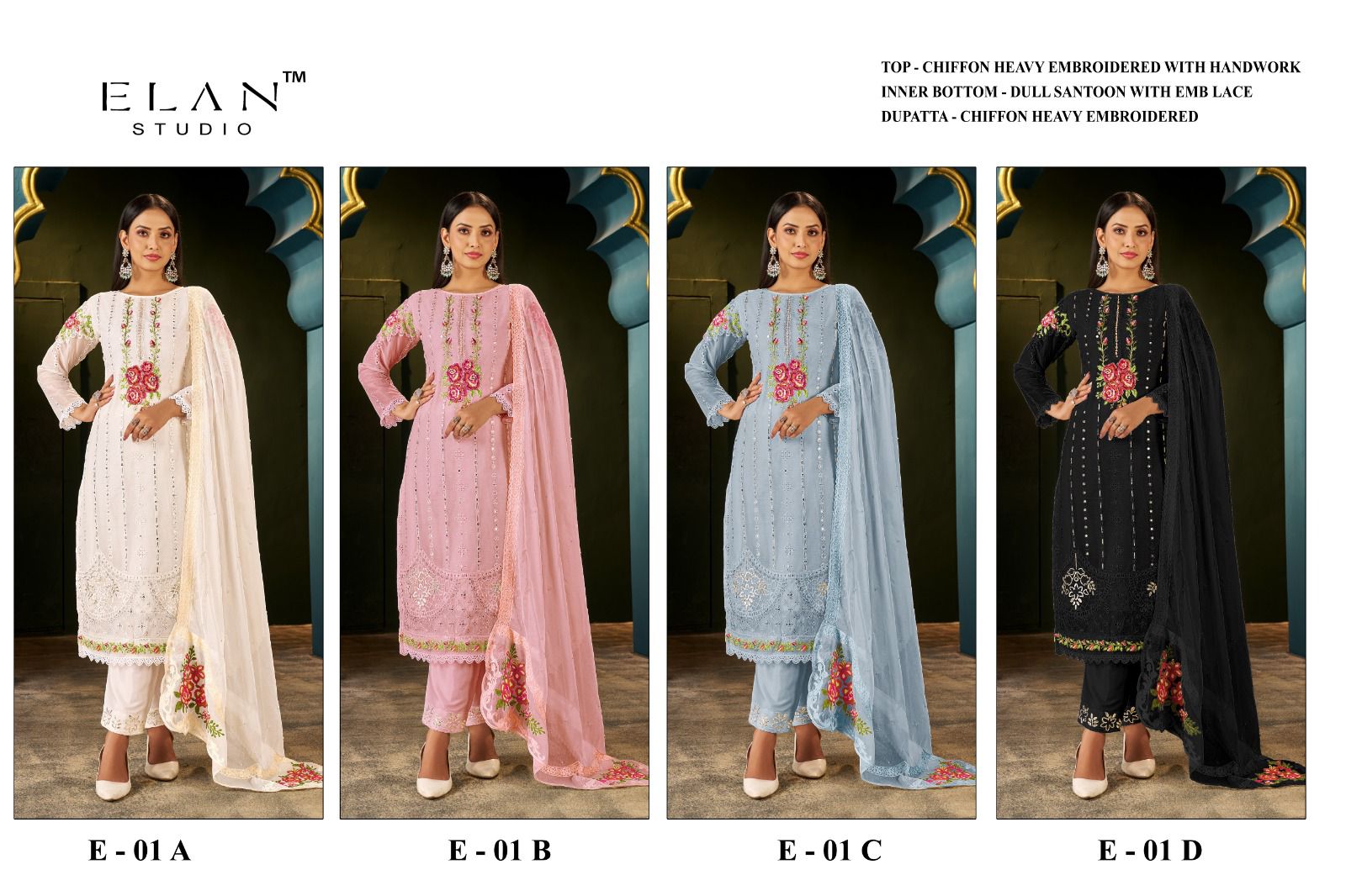 E 01 Abcd Elan Studio Chiffon Pakistani Salwar Suits Wholesaler Ahmedabad
