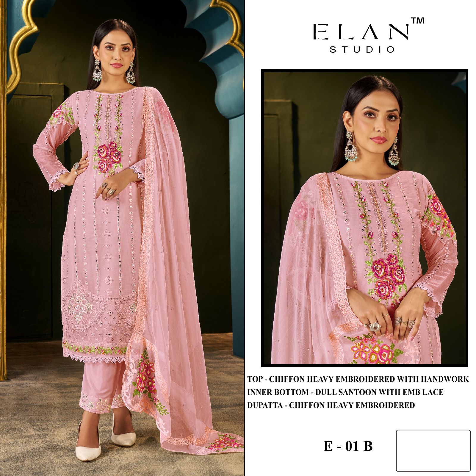 E 01 Abcd Elan Studio Chiffon Pakistani Salwar Suits Wholesaler Ahmedabad