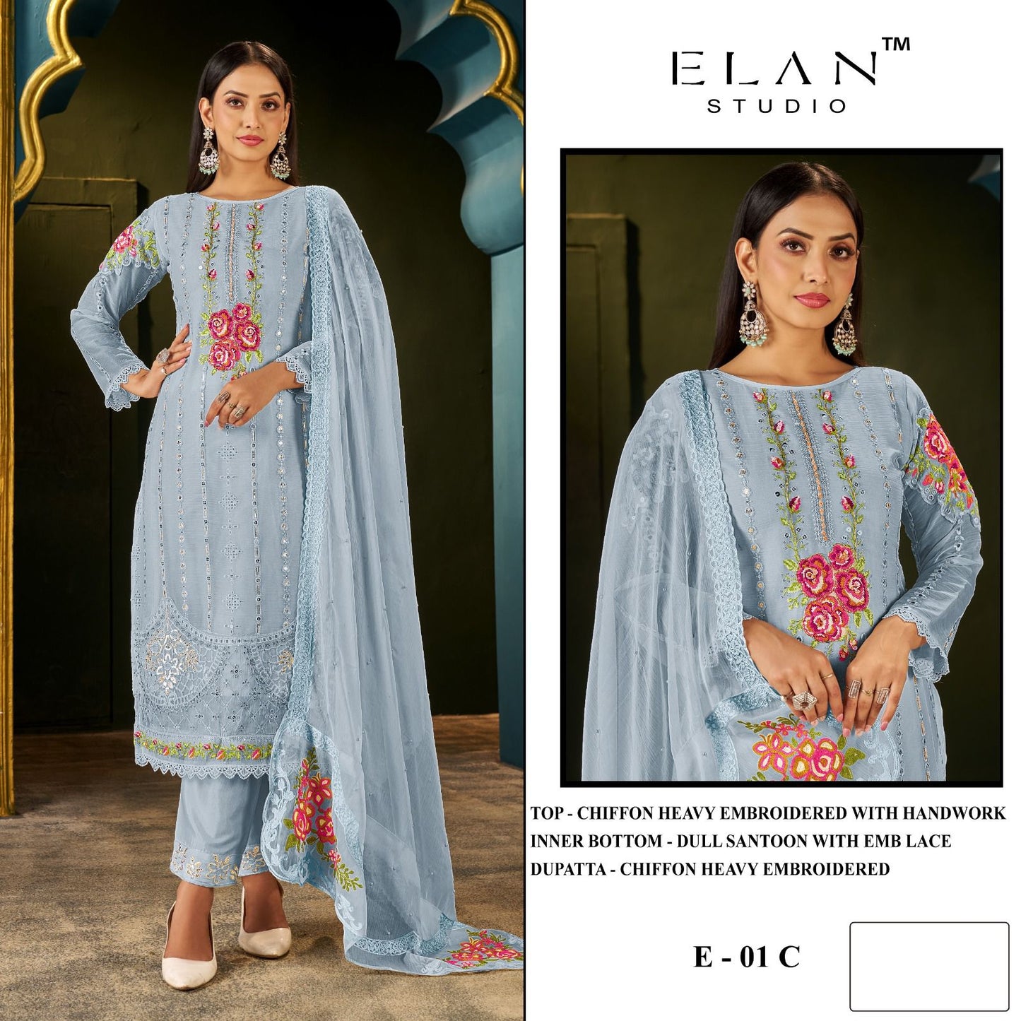 E 01 Abcd Elan Studio Chiffon Pakistani Salwar Suits Wholesaler Ahmedabad