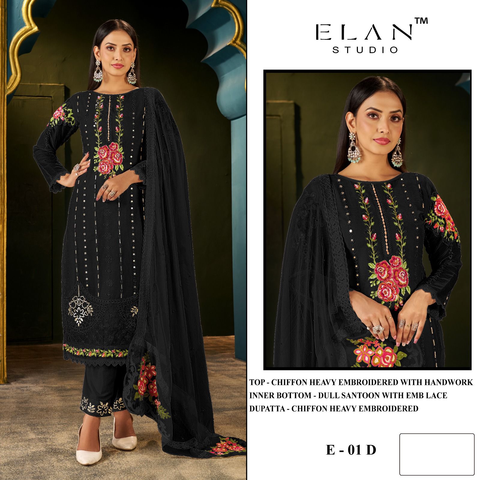 E 01 Abcd Elan Studio Chiffon Pakistani Salwar Suits Wholesaler Ahmedabad