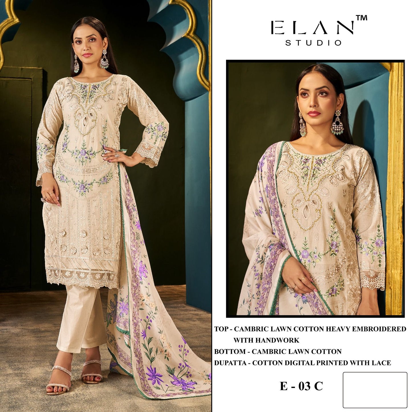 E 03 Elan Studio Cambric Lawn Pakistani Salwar Suits Manufacturer India