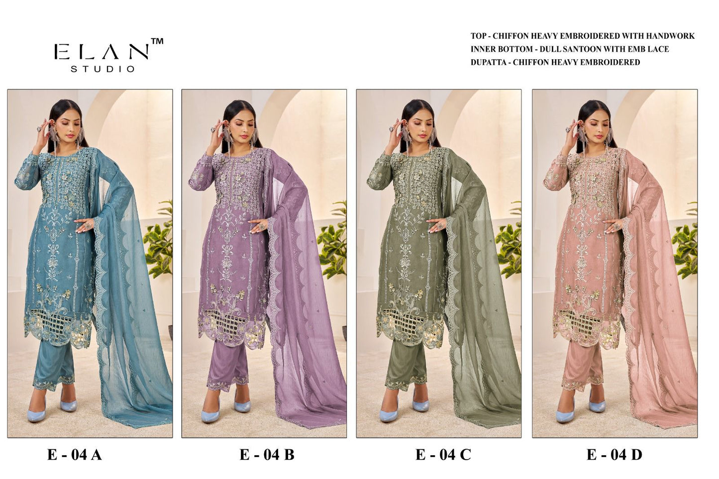 E 04 Abcd Elan Studio Chiffon Pakistani Salwar Suits Wholesale Price