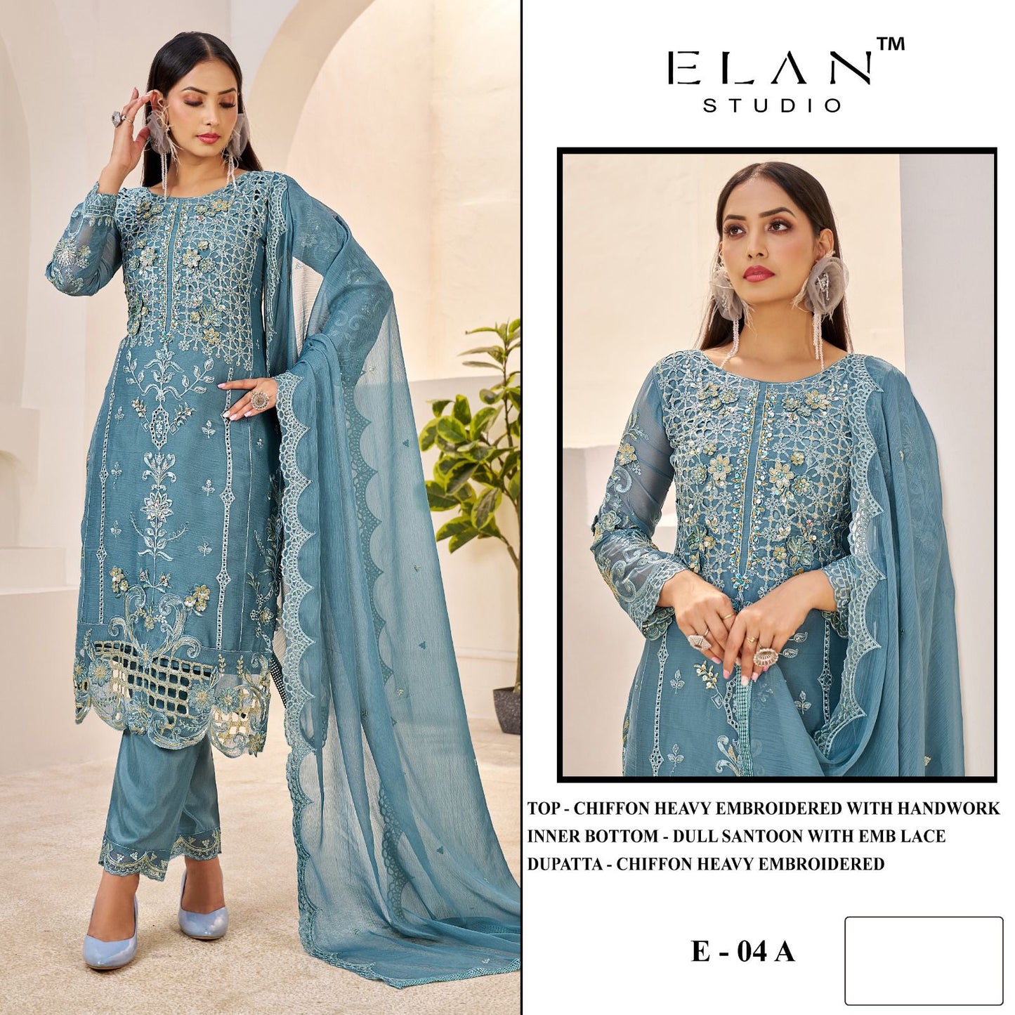 E 04 Abcd Elan Studio Chiffon Pakistani Salwar Suits Wholesale Price