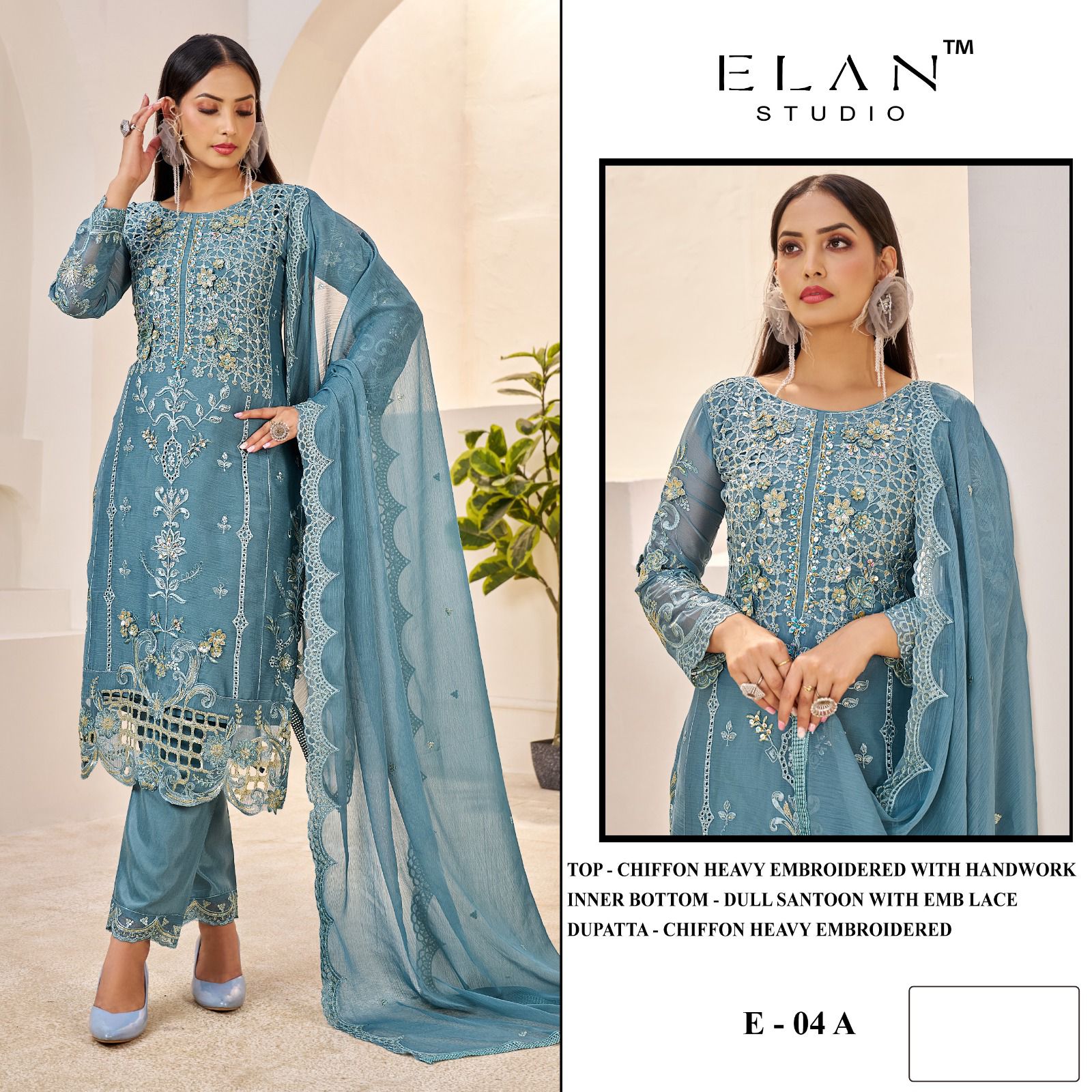 E 04 Abcd Elan Studio Chiffon Pakistani Salwar Suits Wholesale Price