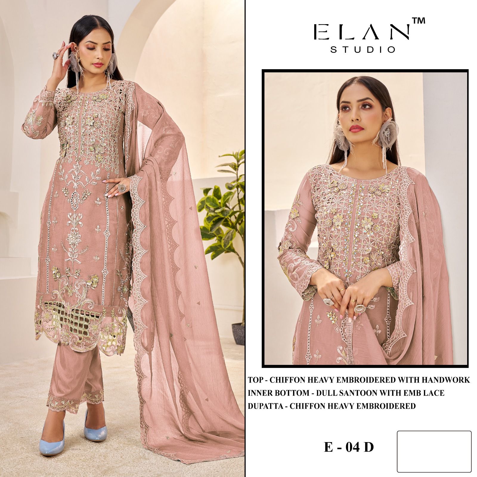 E 04 Abcd Elan Studio Chiffon Pakistani Salwar Suits Wholesale Price