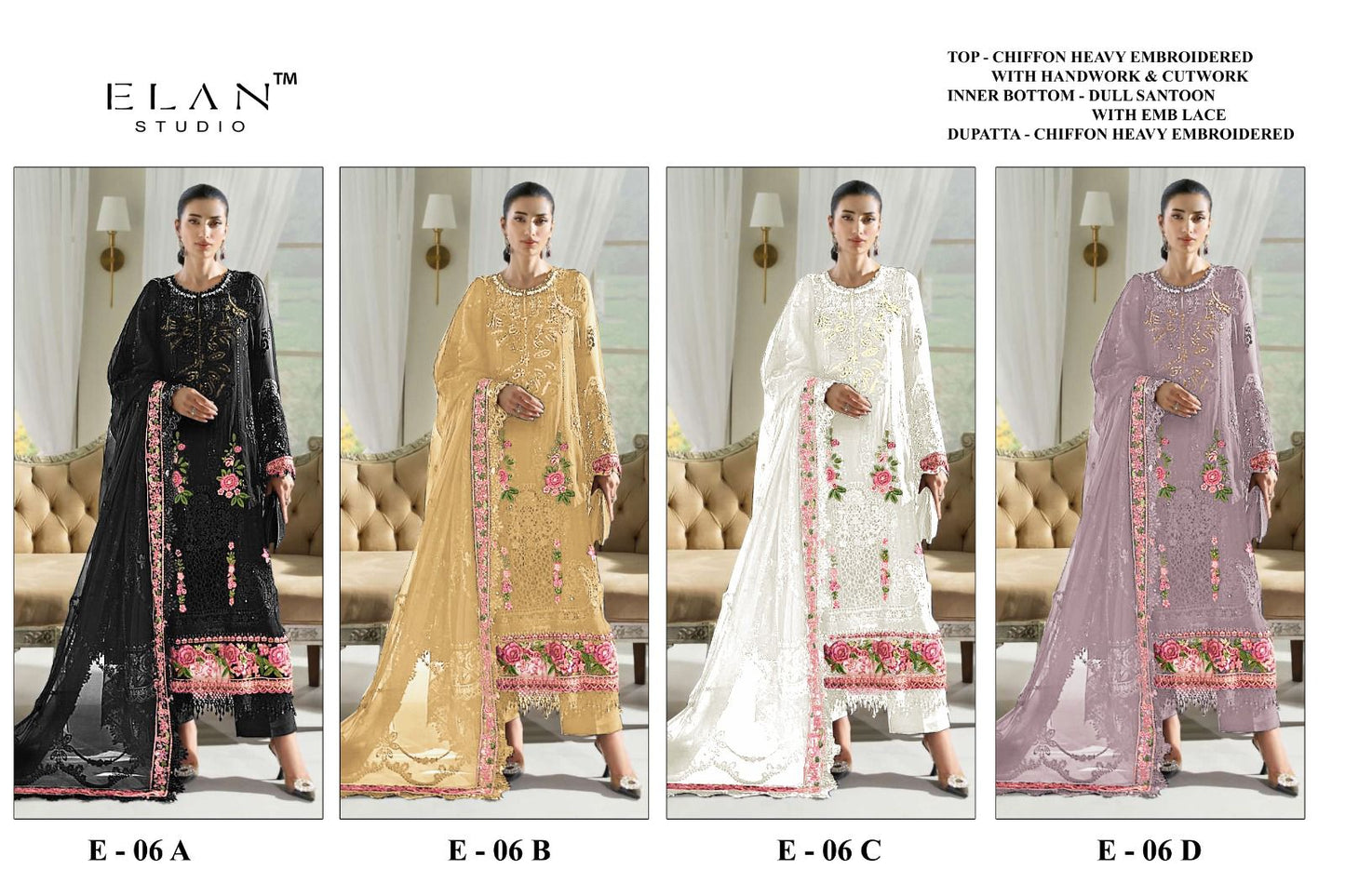 E 06 Elan Studio Chiffon Pakistani Salwar Suits Wholesale Price