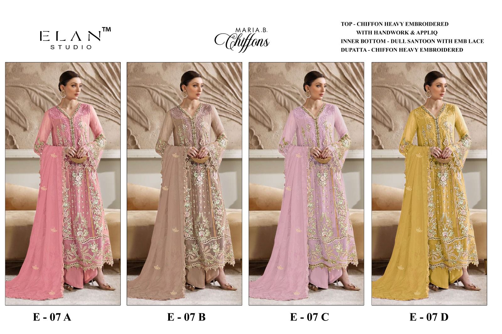 E 07 Elan Studio Chiffon Pakistani Salwar Suits Supplier Gujarat