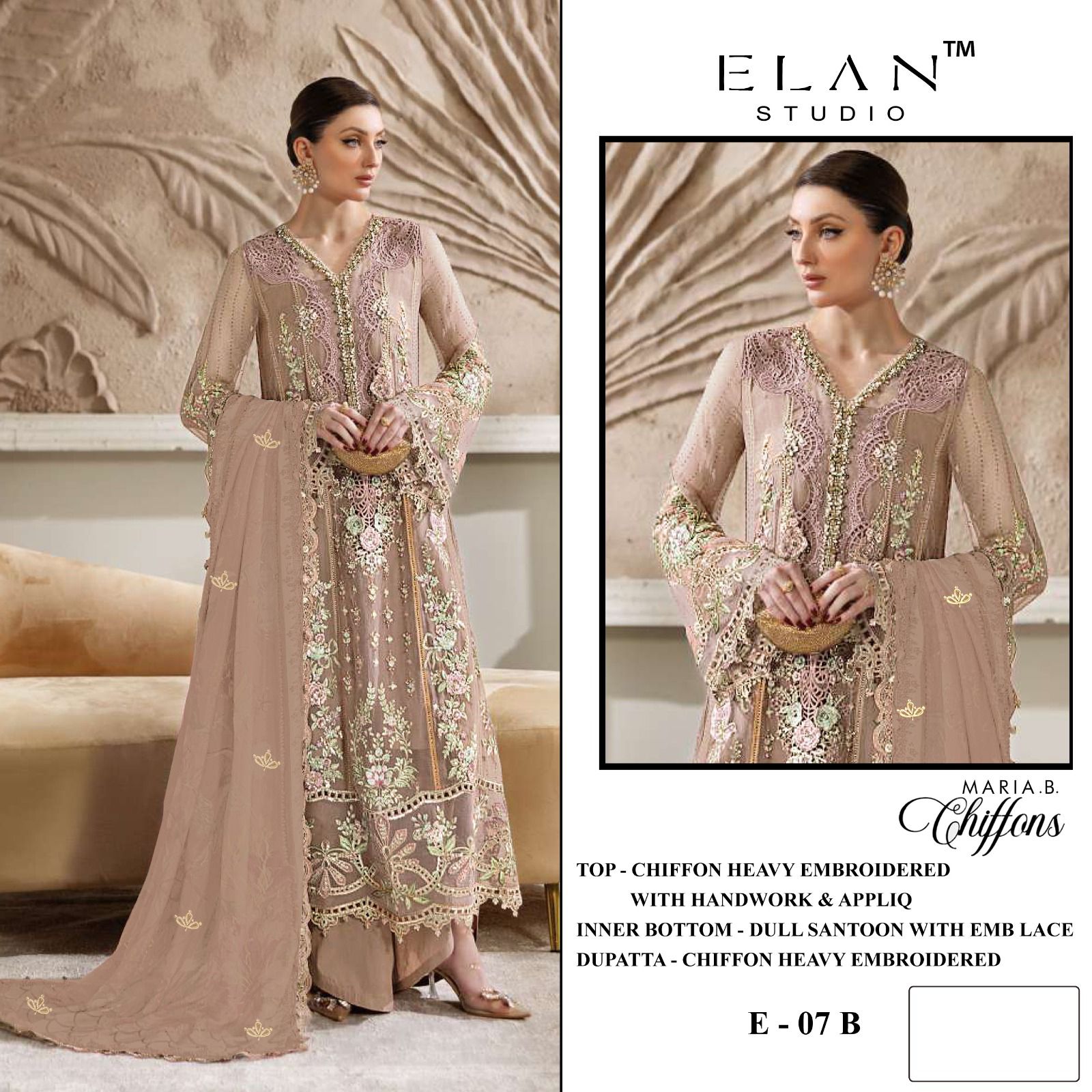 E 07 Elan Studio Chiffon Pakistani Salwar Suits Supplier Gujarat