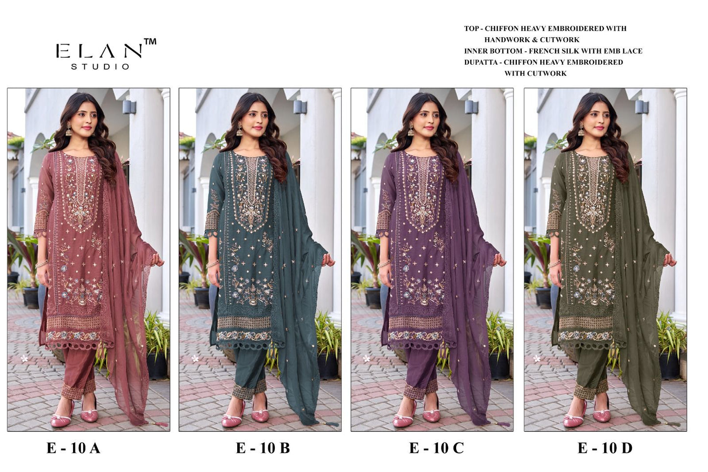 E 10 Elan Studio Chiffon Pakistani Salwar Suits Wholesale Price