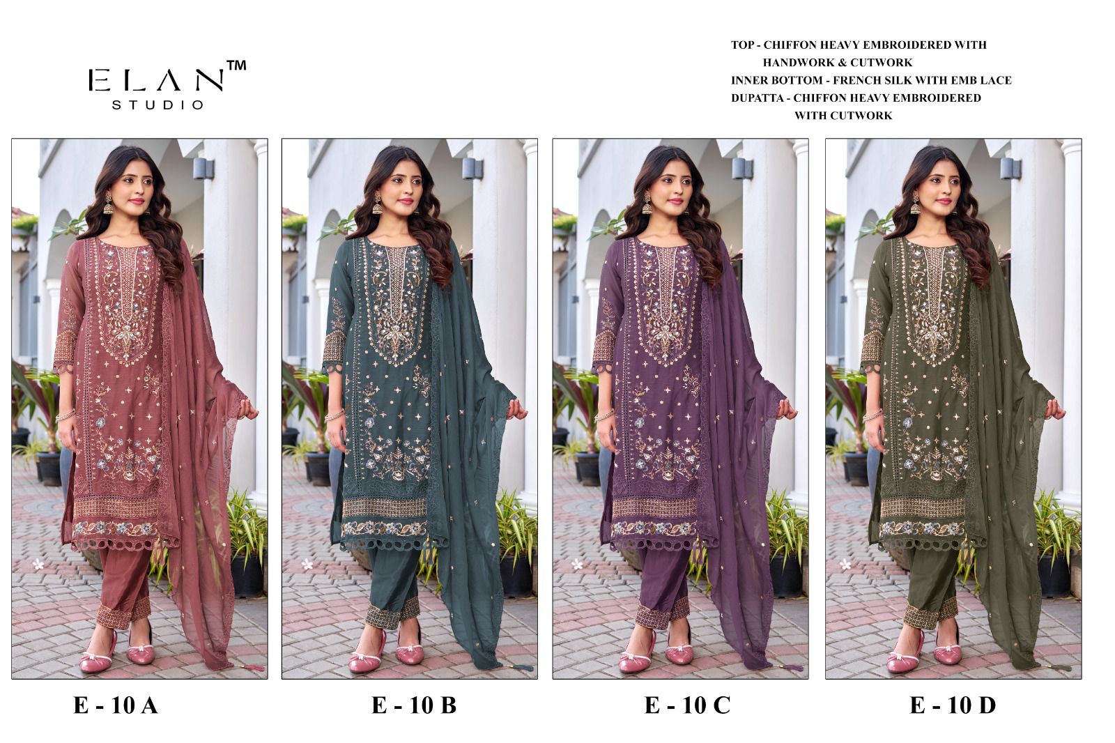 E 10 Elan Studio Chiffon Pakistani Salwar Suits Wholesale Price