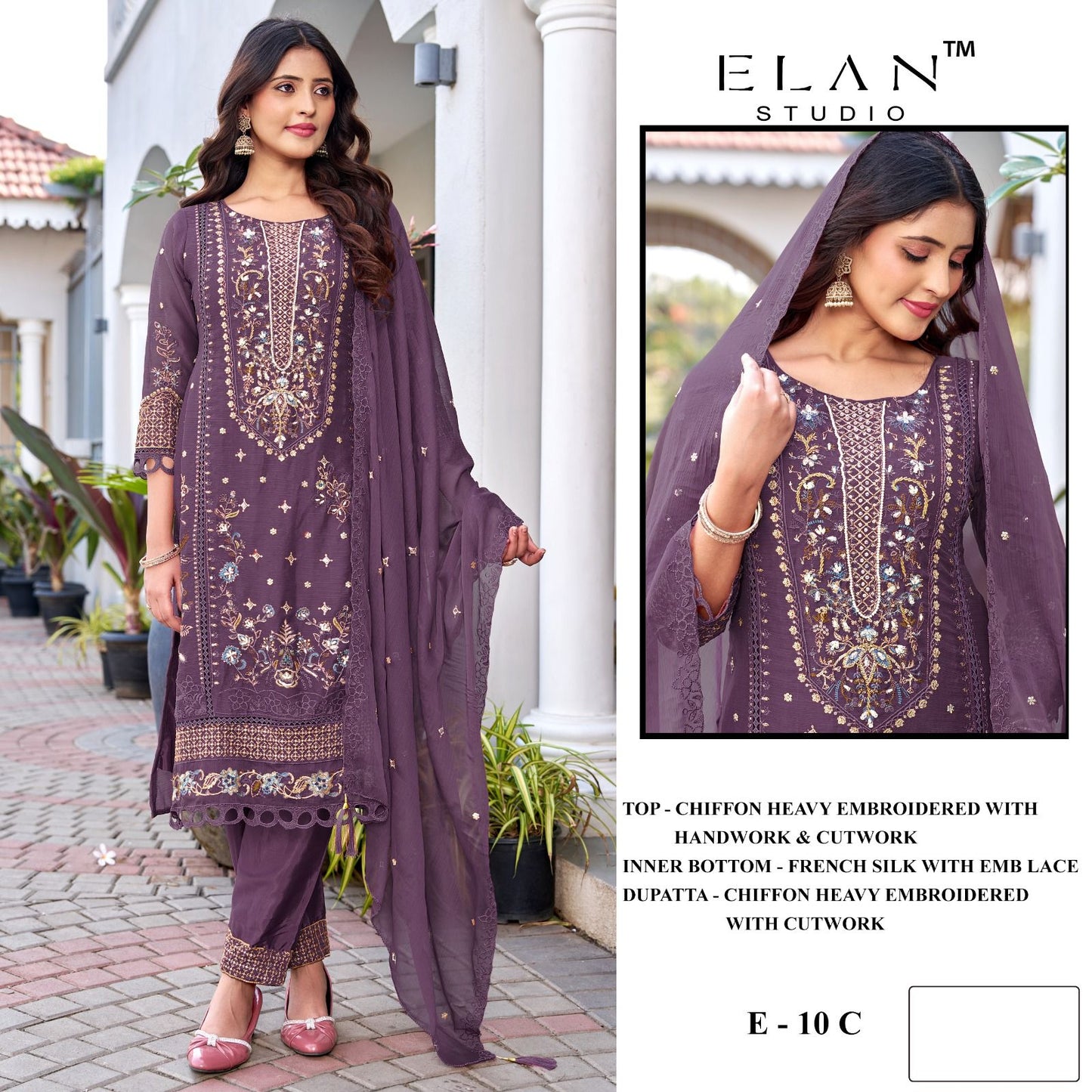 E 10 Elan Studio Chiffon Pakistani Salwar Suits Wholesale Price