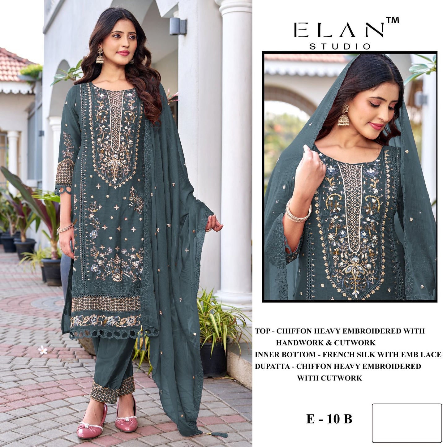 E 10 Elan Studio Chiffon Pakistani Salwar Suits Wholesale Price