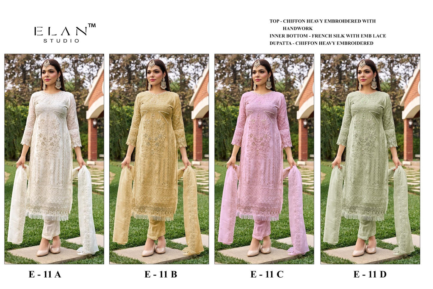 E 11 Elan Studio Chiffon Pakistani Salwar Suits Supplier India