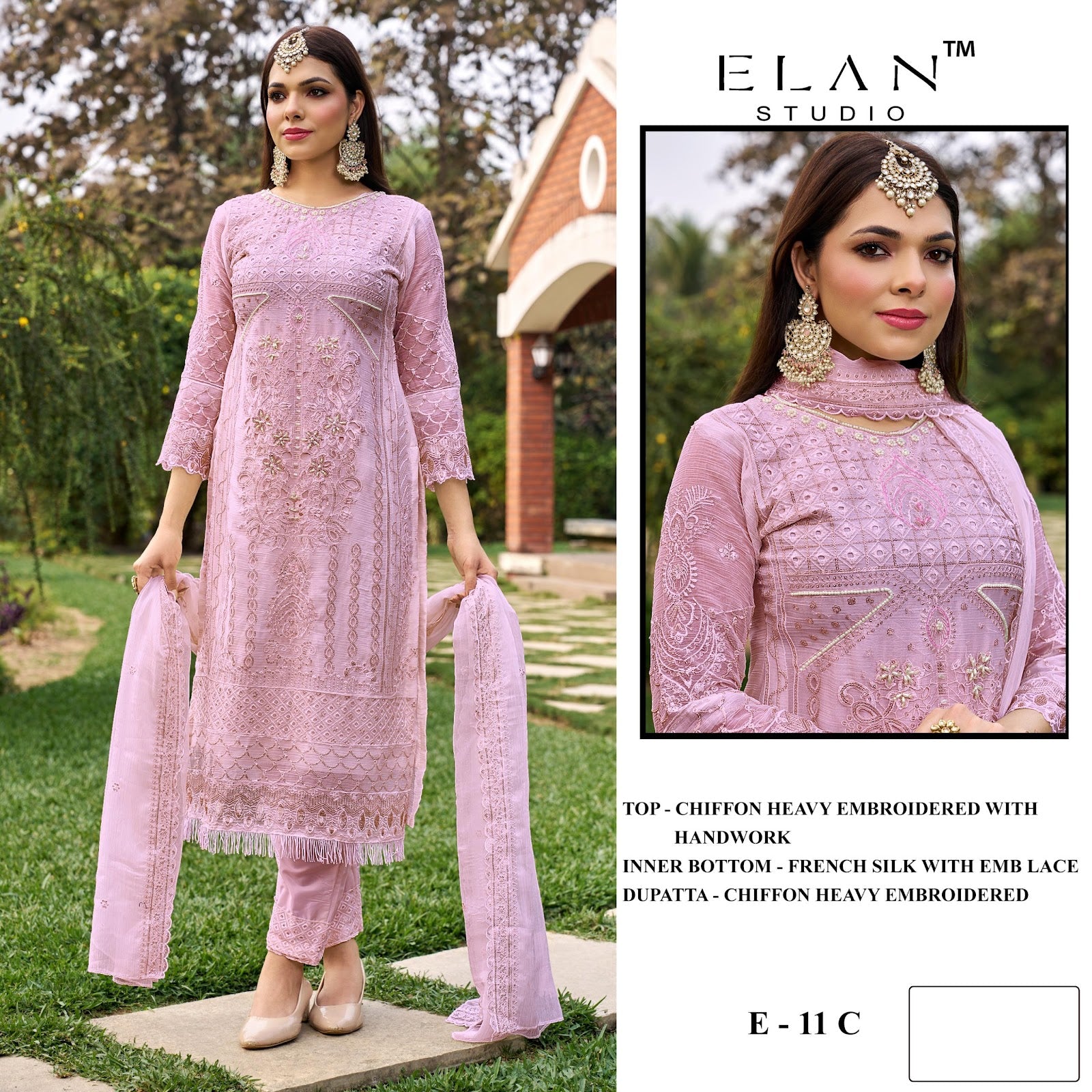 E 11 Elan Studio Chiffon Pakistani Salwar Suits Supplier India