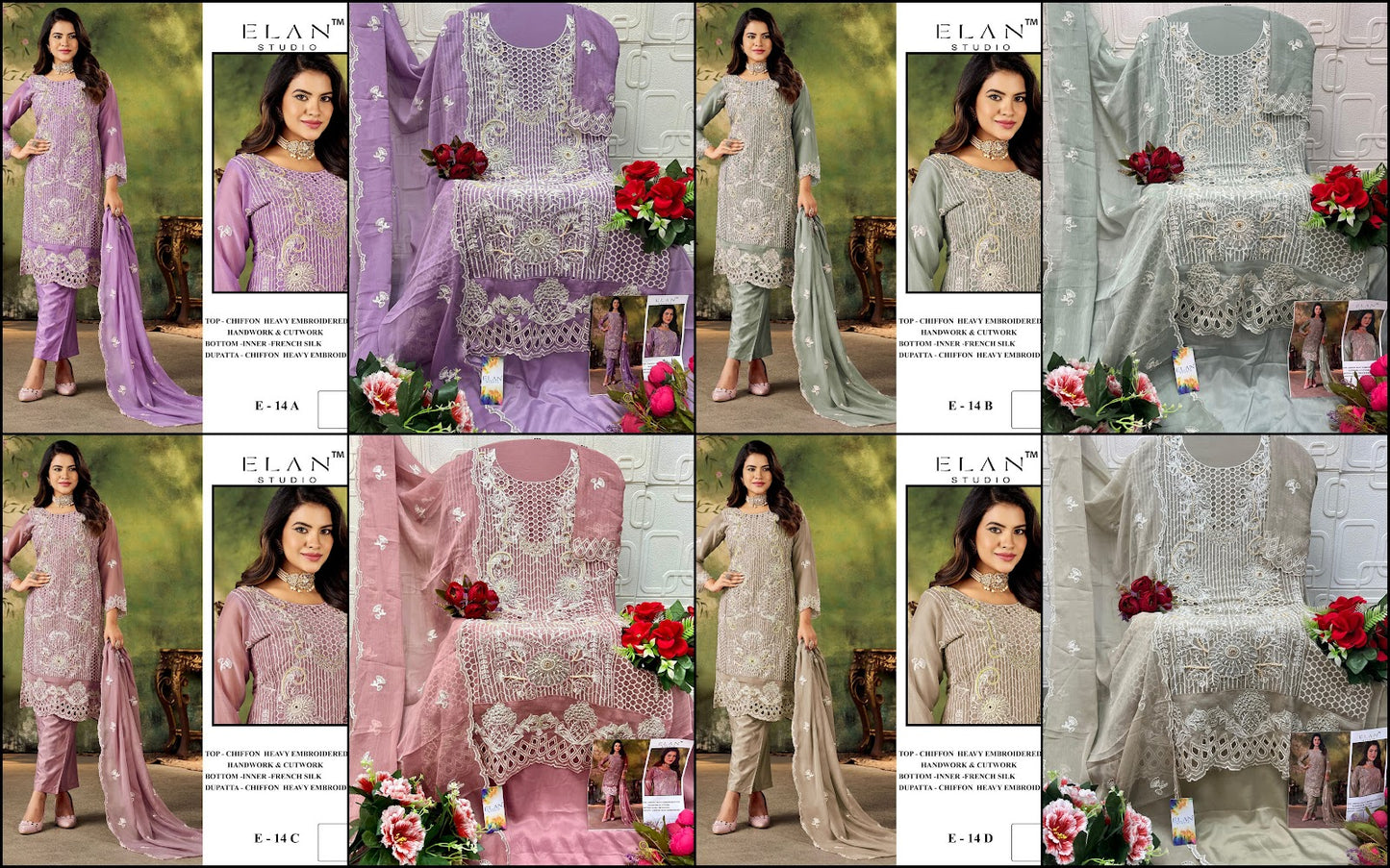 E 14 Elan Studio Chiffon Pakistani Salwar Suits Exporter
