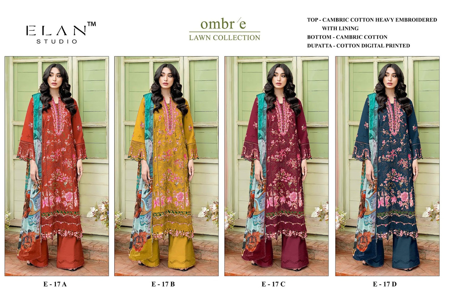 E 17 Elan Studio Cambric Lawn Pakistani Salwar Suits Wholesale Rate