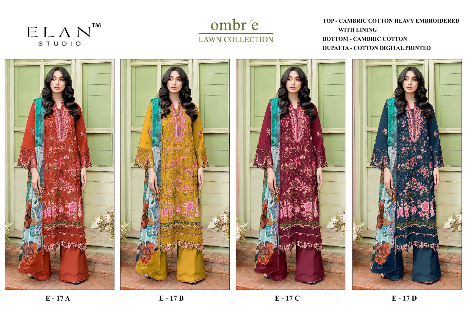 E 17 Elan Studio Cambric Lawn Pakistani Salwar Suits Wholesale Rate