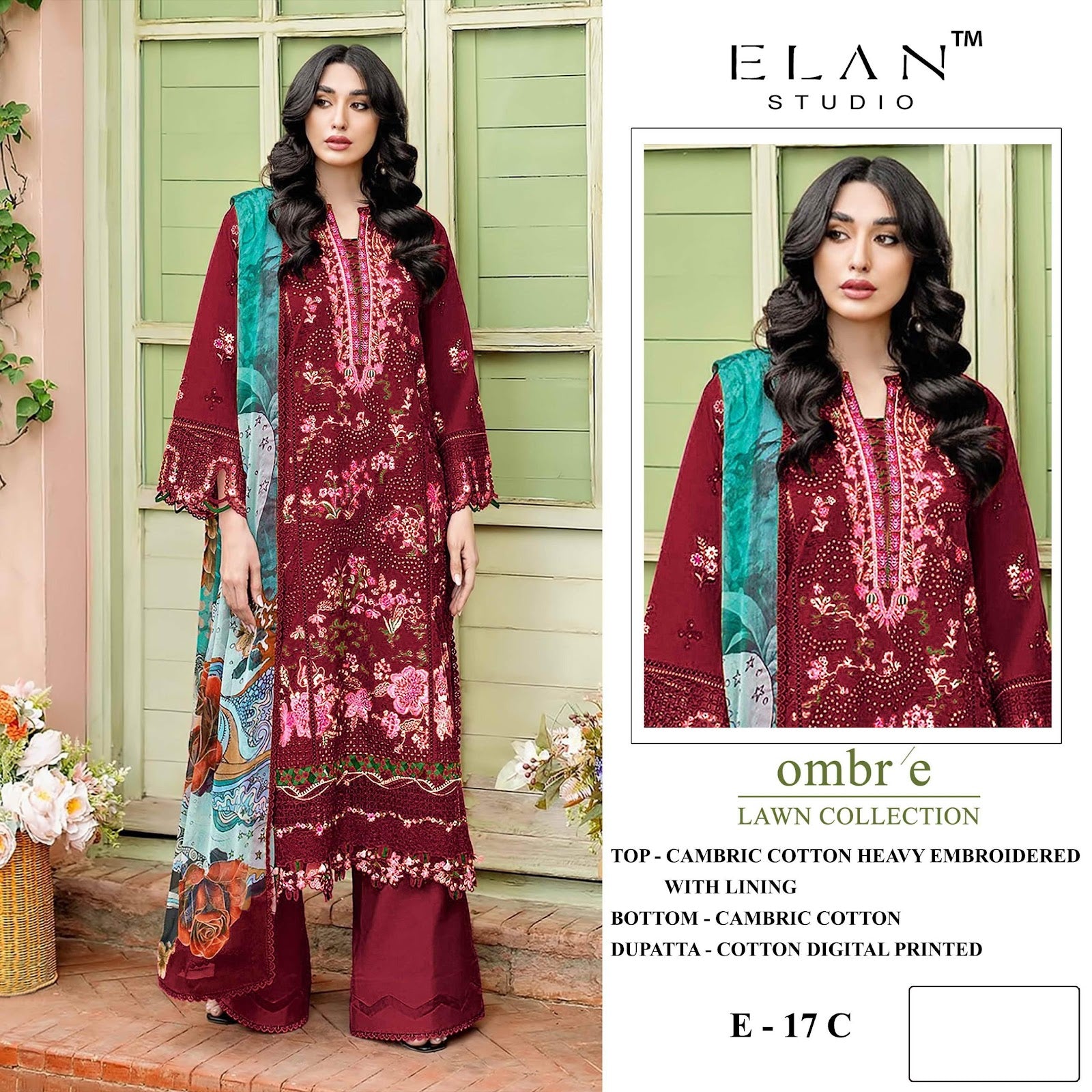 E 17 Elan Studio Cambric Lawn Pakistani Salwar Suits Wholesale Rate