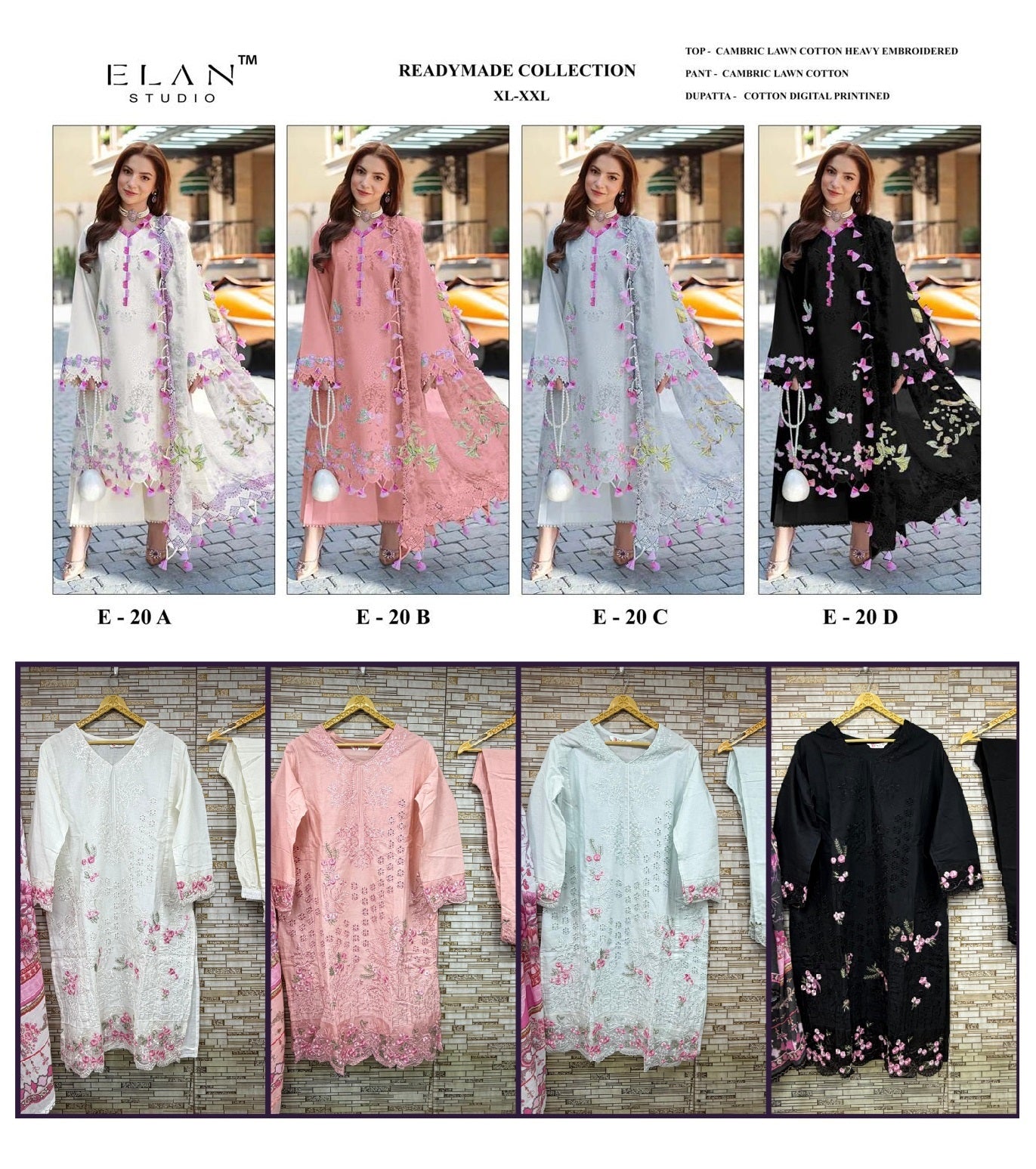 E 20 Elan Studio Lawn Cotton Pakistani Readymade Suits Wholesale Price