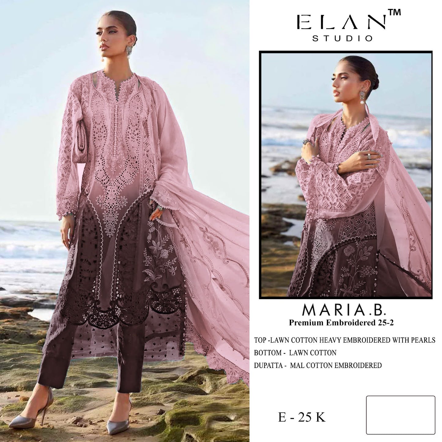 E 25 Maria B Embroidered 25-2 Elan Studio Lawn Cotton Pakistani Salwar Suits Supplier