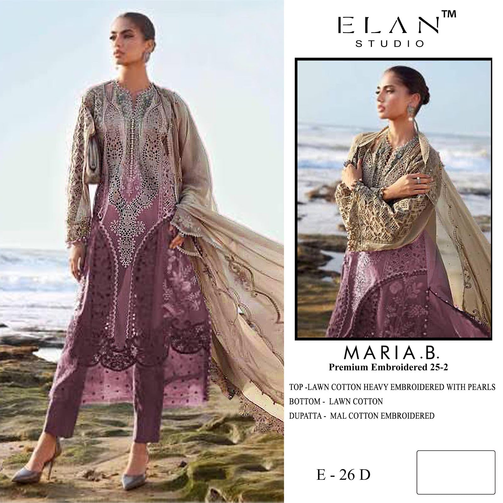 E 26 Maria B Embroidered 25-2 Elan Studio Lawn Cotton Pakistani Salwar Suits Manufacturer Ahmedabad