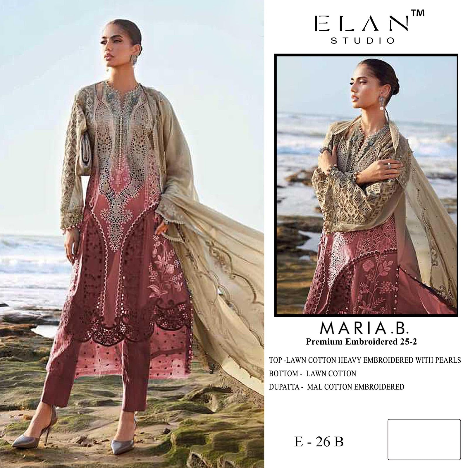 E 26 Maria B Embroidered 25-2 Elan Studio Lawn Cotton Pakistani Salwar Suits Manufacturer Ahmedabad