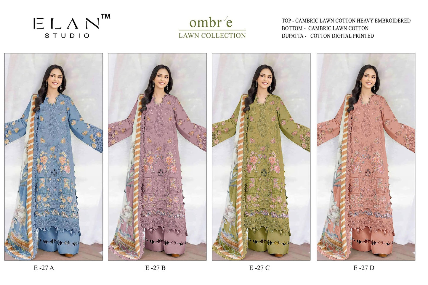 E 27 Ombre Lawn Elan Studio Lawn Cotton Pakistani Salwar Suits Manufacturer Ahmedabad
