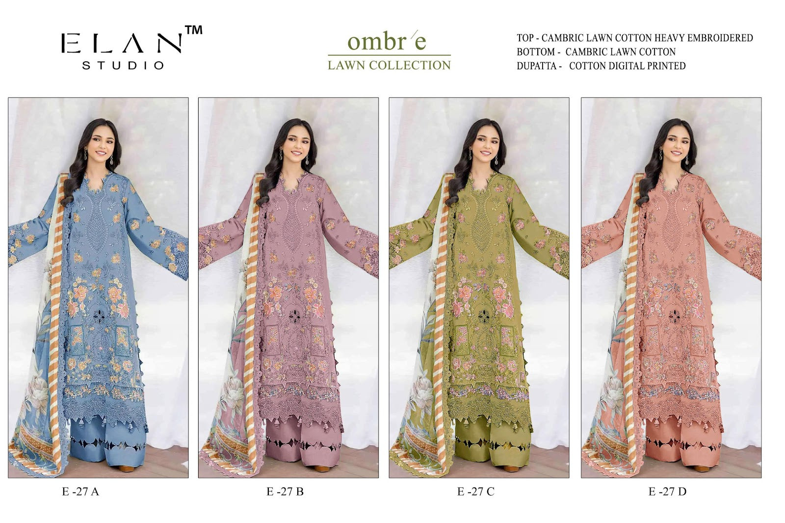 E 27 Ombre Lawn Elan Studio Lawn Cotton Pakistani Salwar Suits Manufacturer Ahmedabad