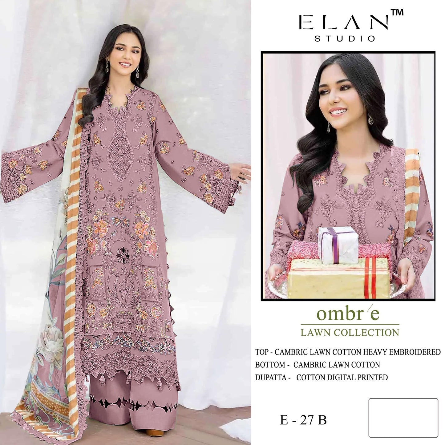 E 27 Ombre Lawn Elan Studio Lawn Cotton Pakistani Salwar Suits Manufacturer Ahmedabad