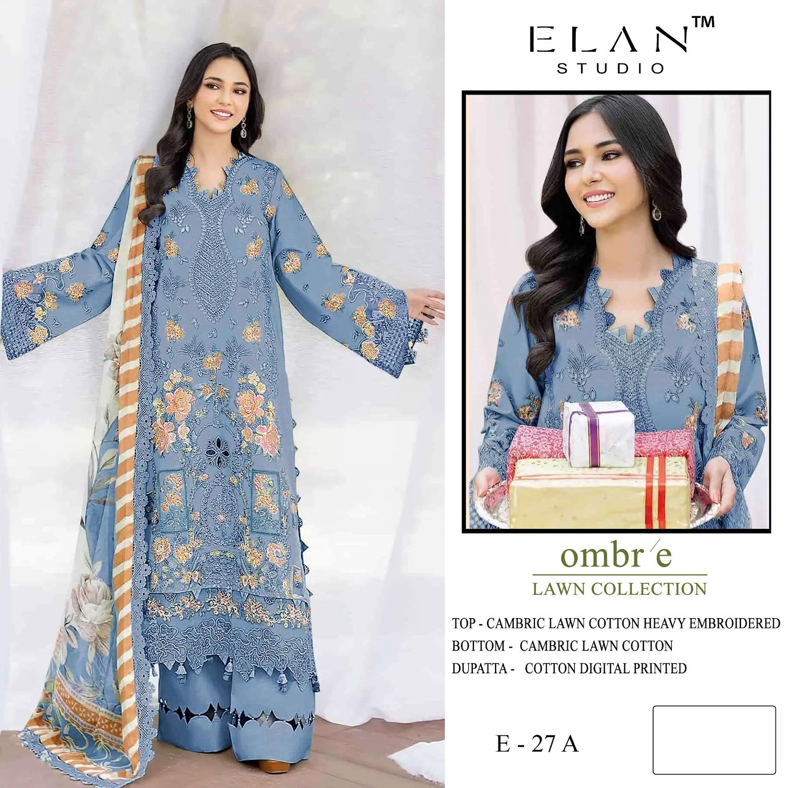 E 27 Ombre Lawn Elan Studio Lawn Cotton Pakistani Salwar Suits Manufacturer Ahmedabad