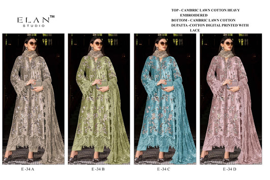 E 34 Elan Studio Lawn Cotton Pakistani Salwar Suits Wholesaler