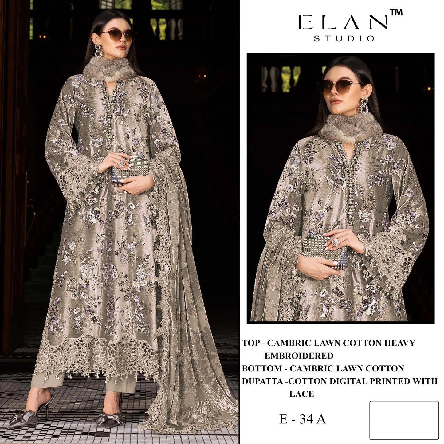 E 34 Elan Studio Lawn Cotton Pakistani Salwar Suits Wholesaler