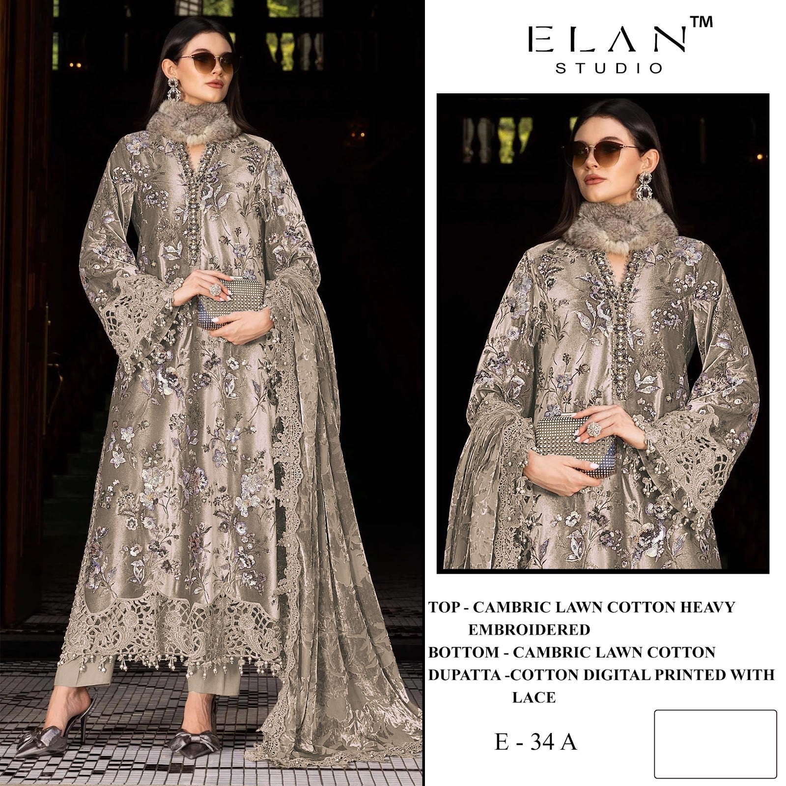 E 34 Elan Studio Lawn Cotton Pakistani Salwar Suits Wholesaler