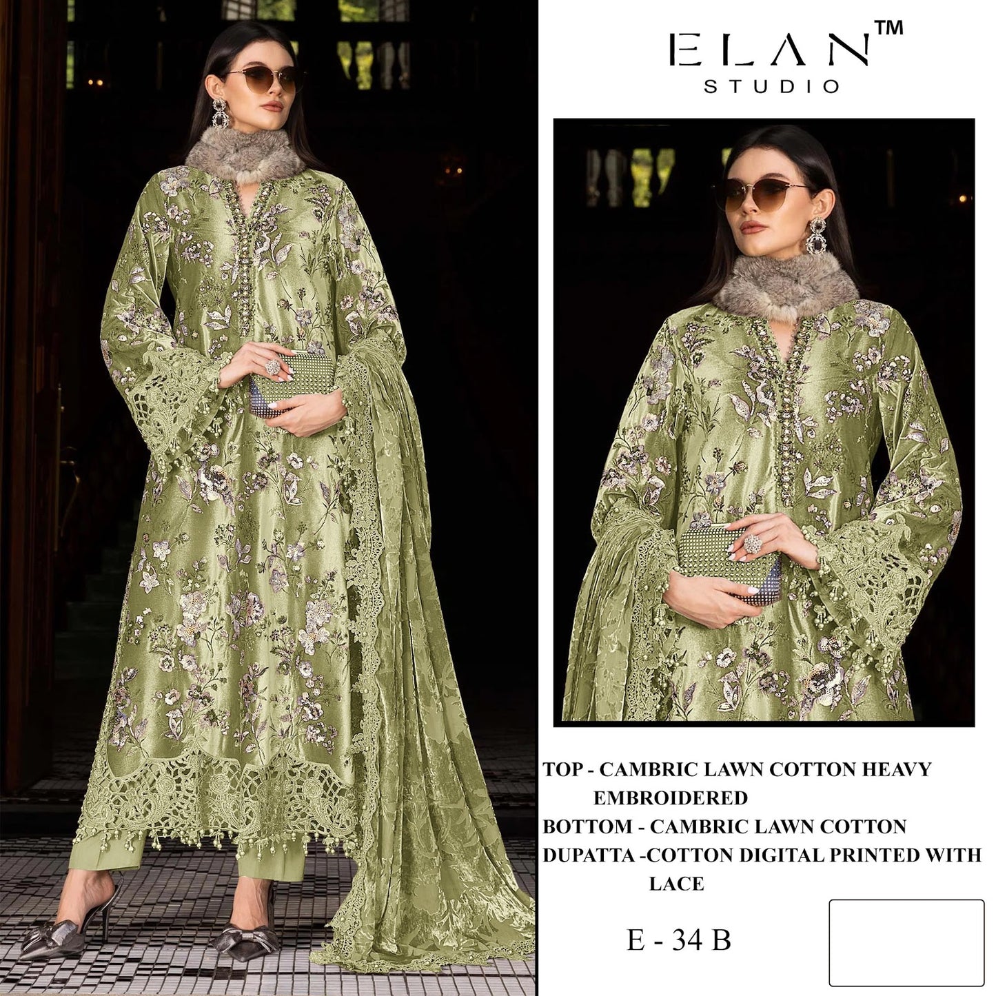 E 34 Elan Studio Lawn Cotton Pakistani Salwar Suits Wholesaler