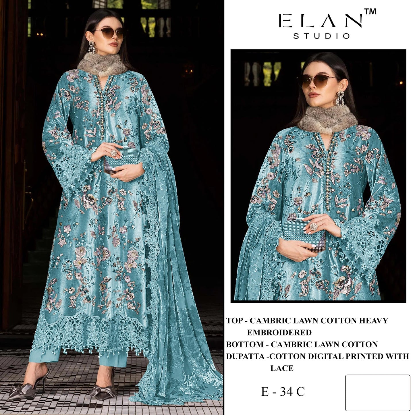 E 34 Elan Studio Lawn Cotton Pakistani Salwar Suits Wholesaler