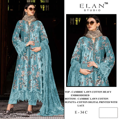 E 34 Elan Studio Lawn Cotton Pakistani Salwar Suits Wholesaler
