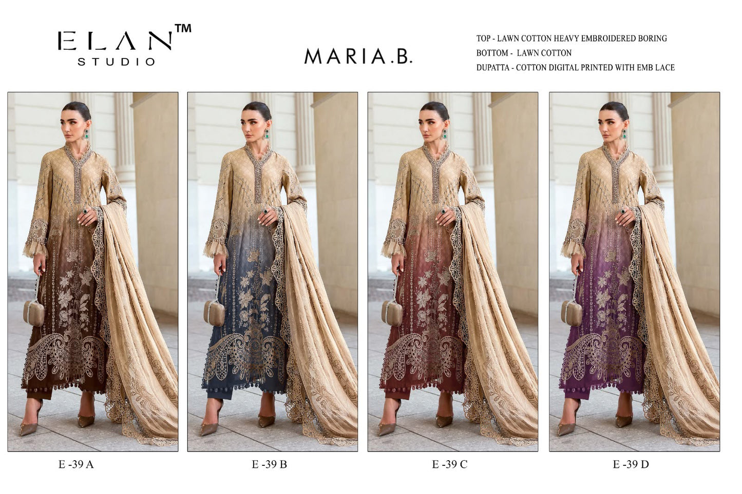 E 39 Maria B Elan Studio Cambric Lawn Pakistani Salwar Suits Exporter India