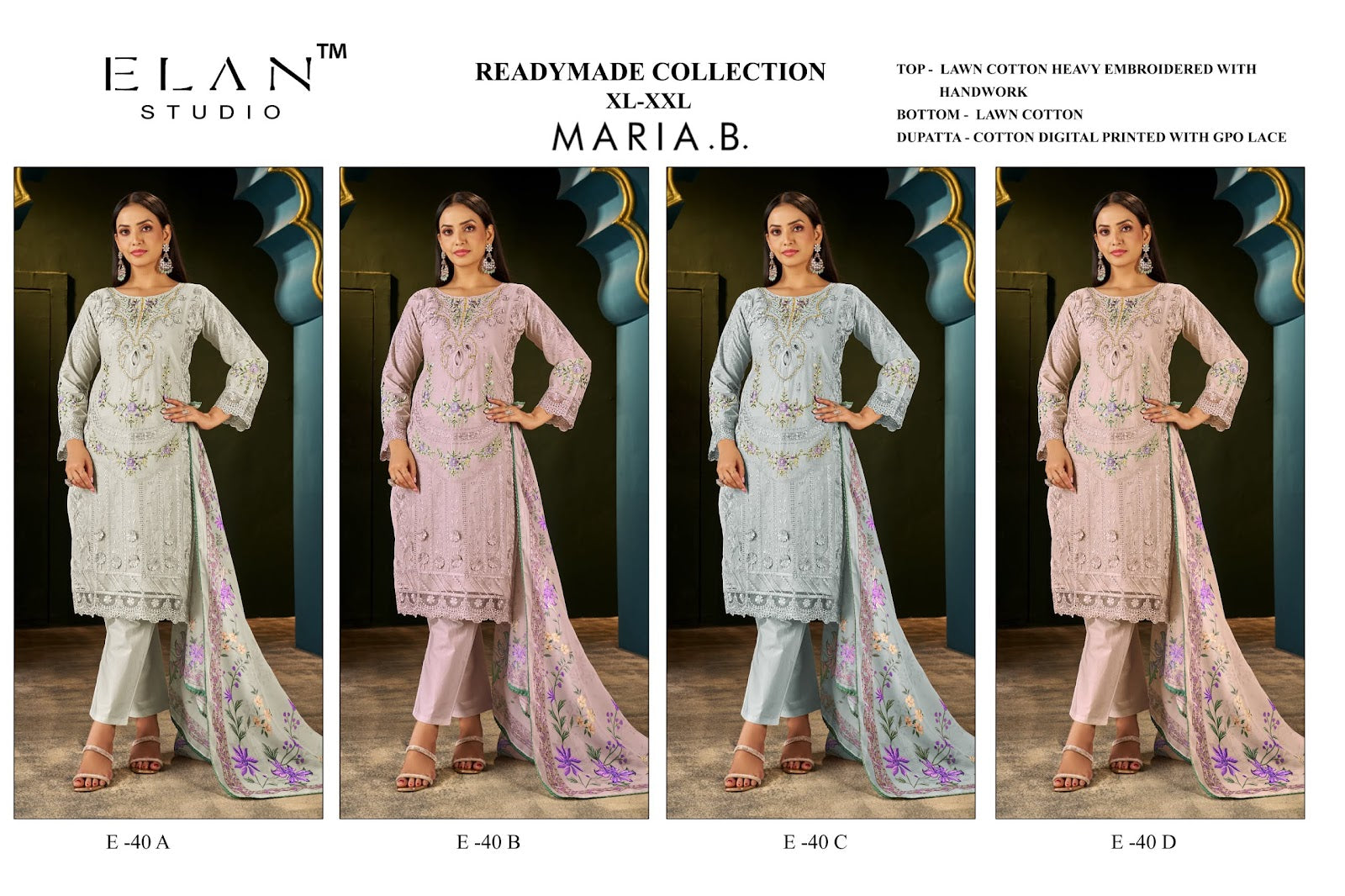 E 40 Maria B Elan Studio Cambric Lawn Pakistani Readymade Suits Wholesaler