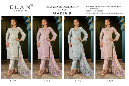 E 40 Maria B Elan Studio Cambric Lawn Pakistani Readymade Suits Wholesaler
