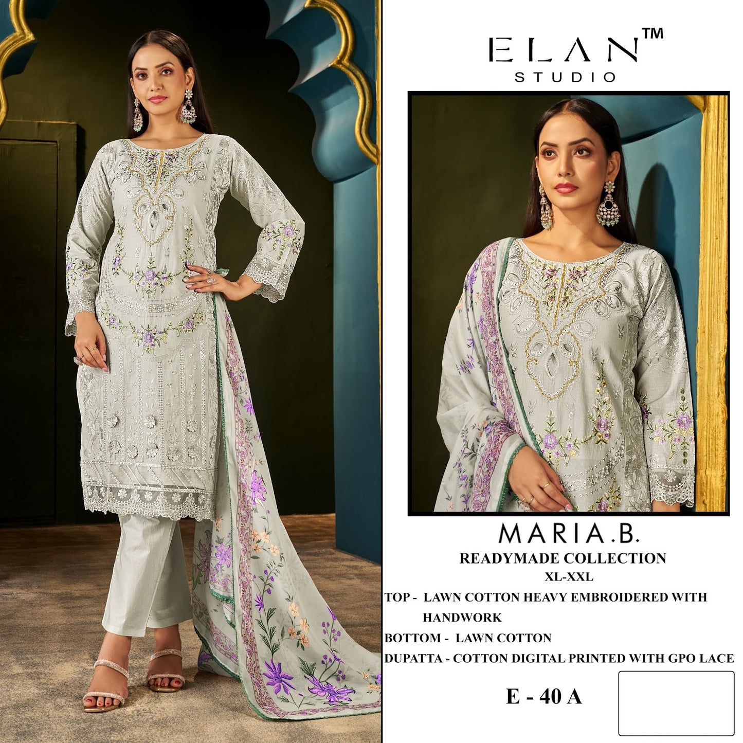 E 40 Maria B Elan Studio Cambric Lawn Pakistani Readymade Suits Wholesaler