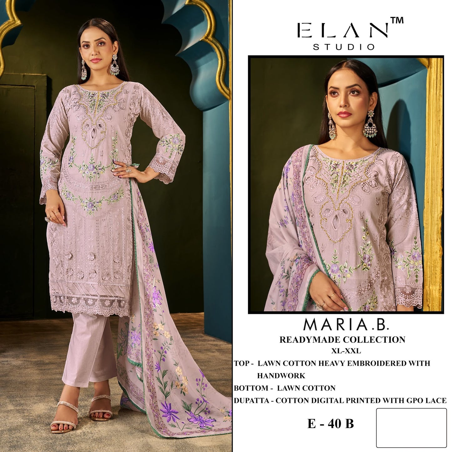 E 40 Maria B Elan Studio Cambric Lawn Pakistani Readymade Suits Wholesaler