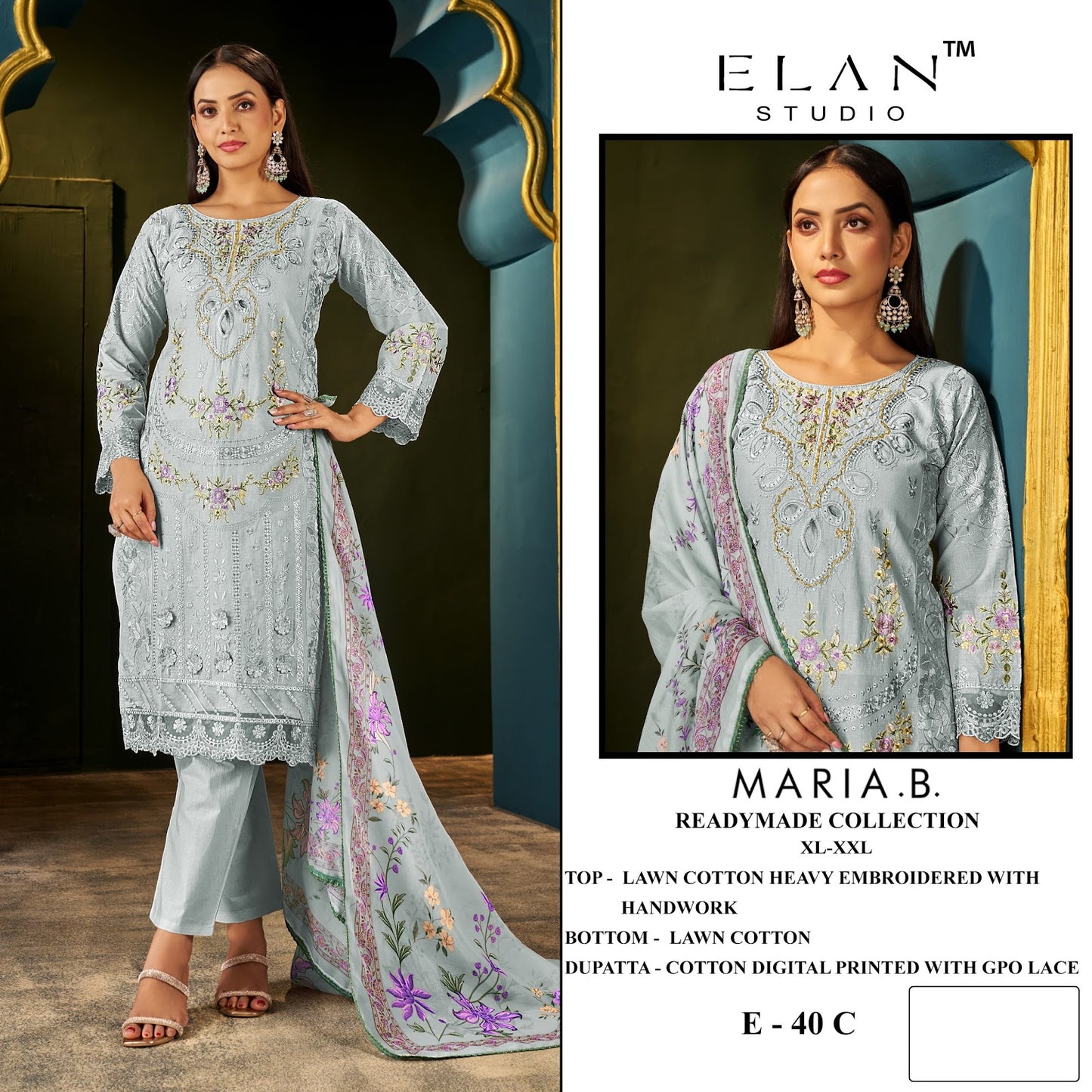 E 40 Maria B Elan Studio Cambric Lawn Pakistani Readymade Suits Wholesaler