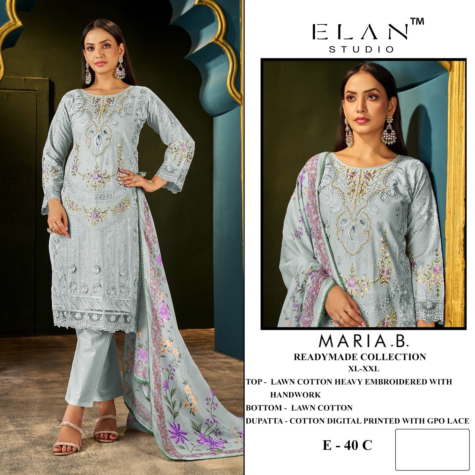 E 40 Maria B Elan Studio Cambric Lawn Pakistani Readymade Suits Wholesaler