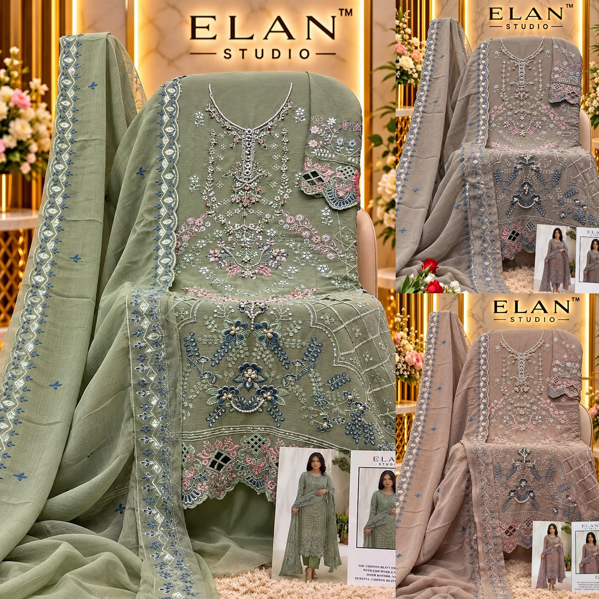 E 69 Elan Studio Chiffon Pakistani Salwar Suits Wholesaler India