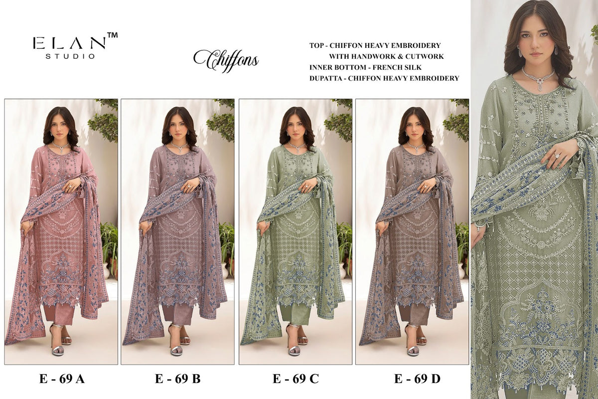 E 69 Elan Studio Chiffon Pakistani Salwar Suits Wholesaler India
