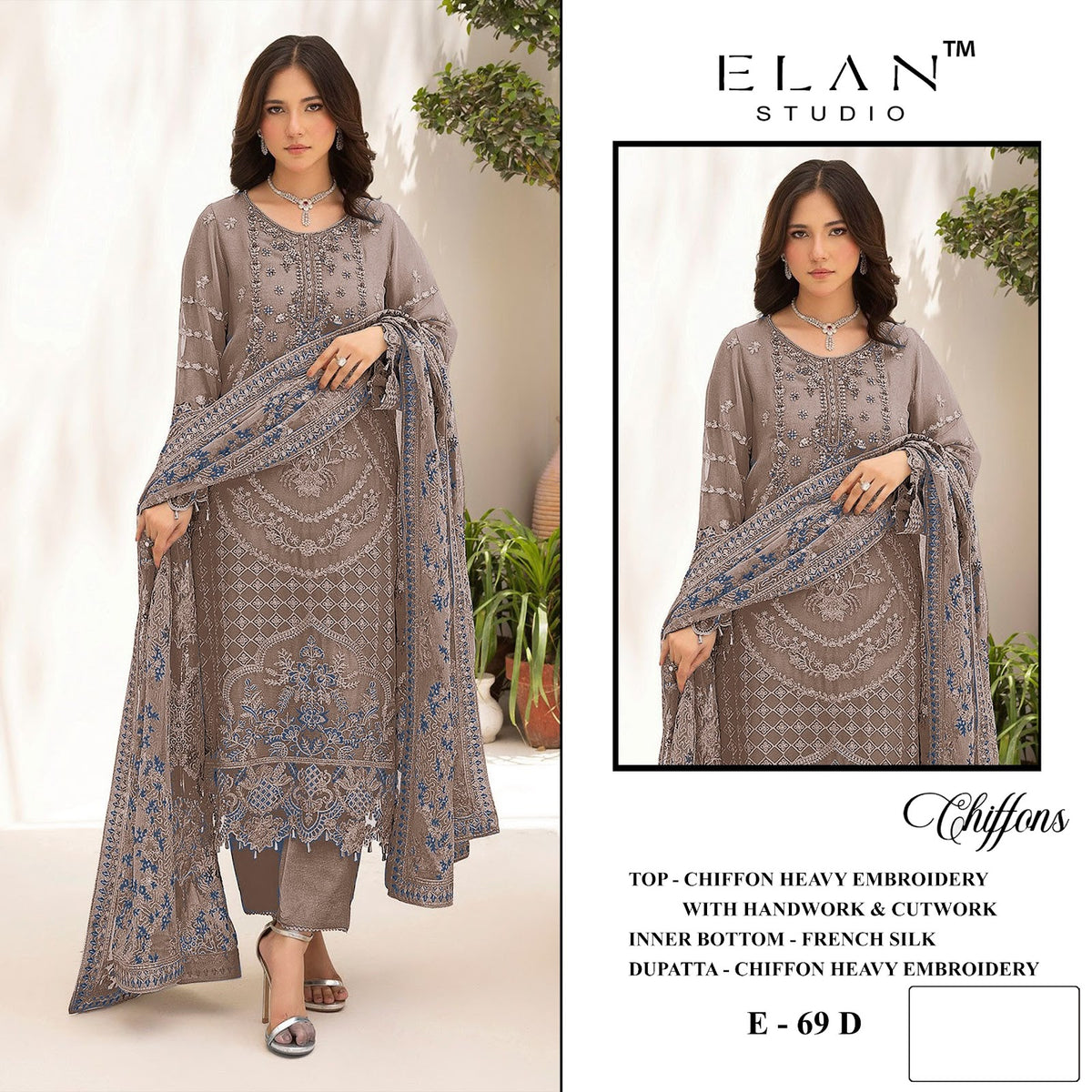 E 69 Elan Studio Chiffon Pakistani Salwar Suits Wholesaler India