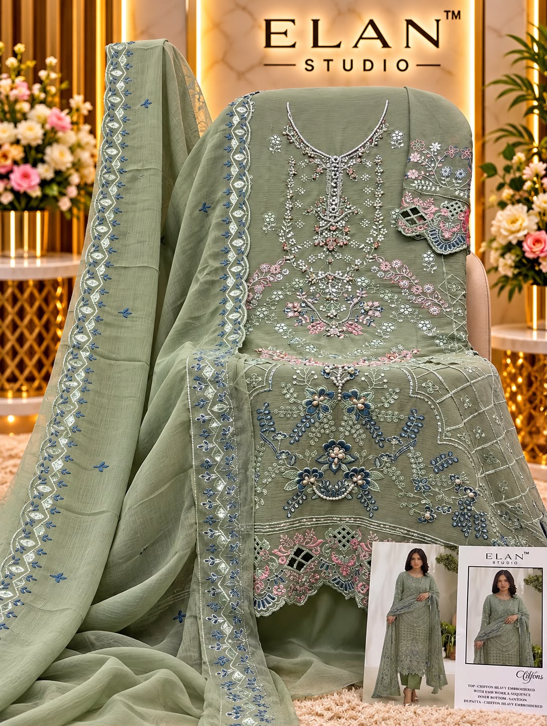 E 69 Elan Studio Chiffon Pakistani Salwar Suits Wholesaler India