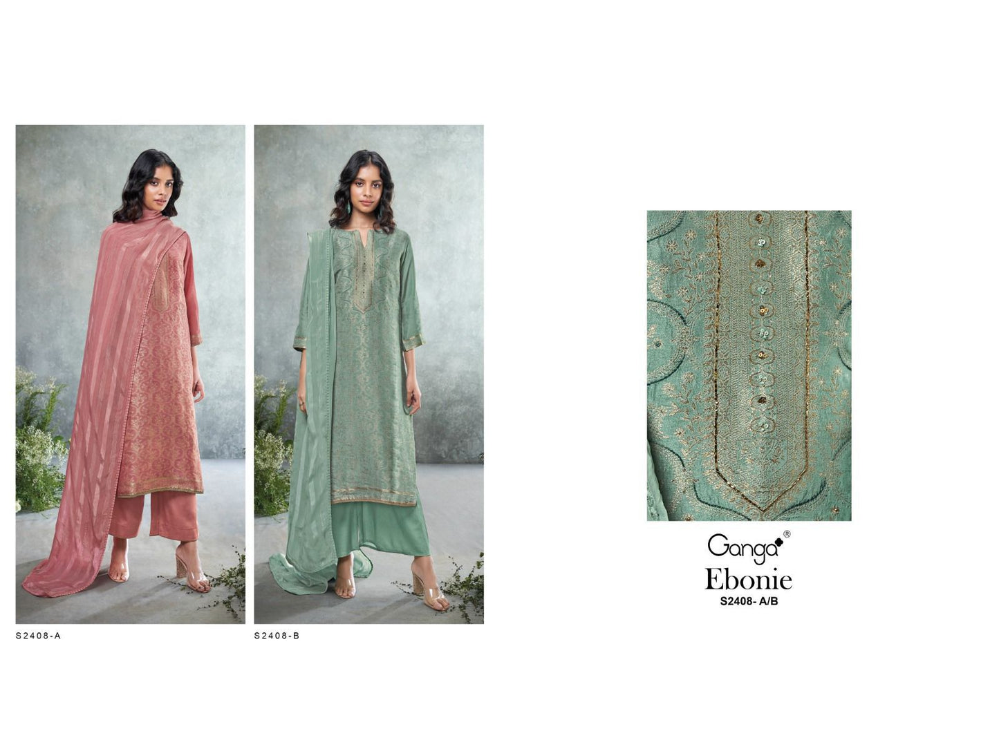 Ebonie 2408 Ganga Russian Silk Plazzo Style Suits Wholesaler India