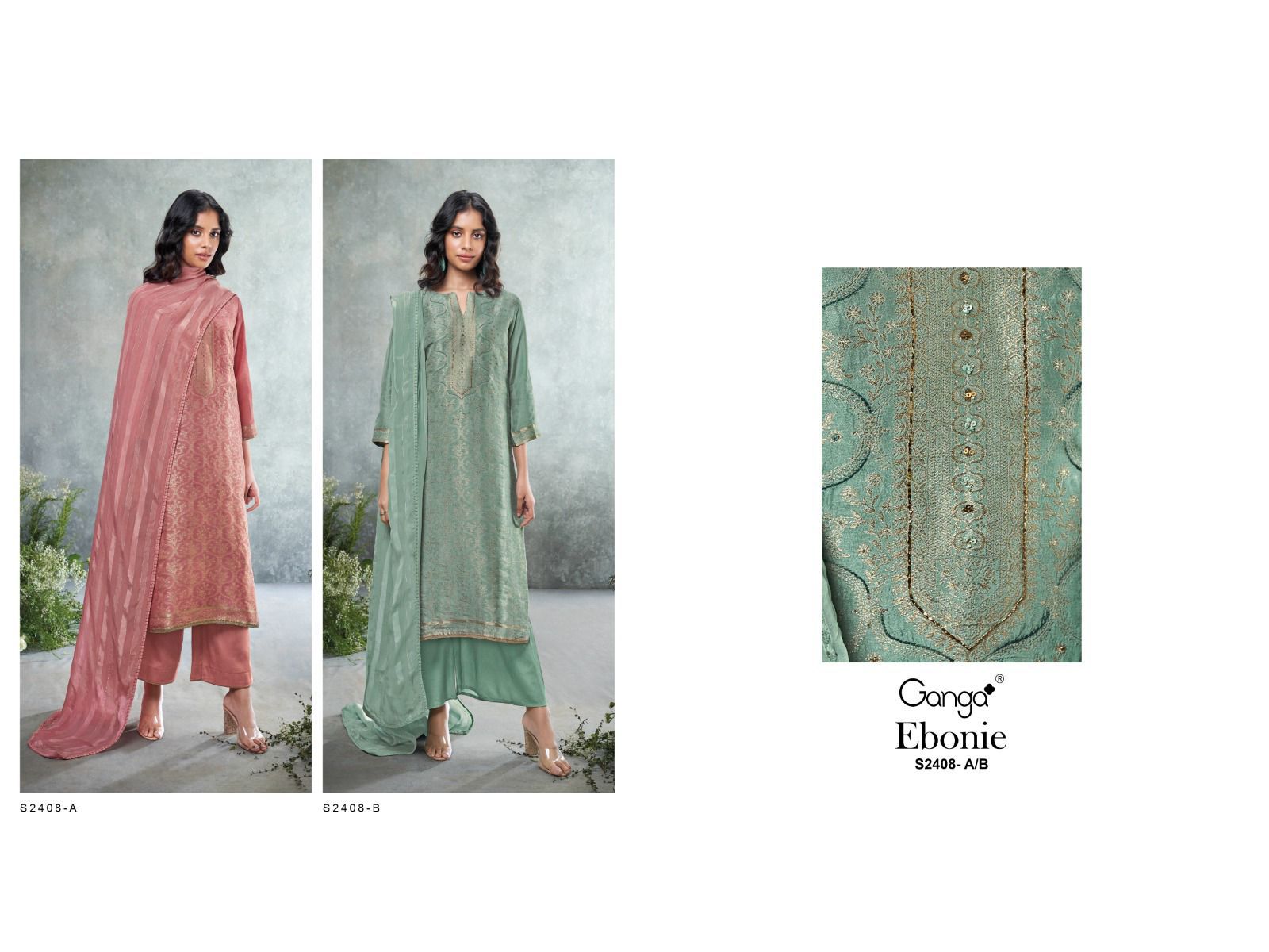 Ebonie 2408 Ganga Russian Silk Plazzo Style Suits Wholesaler India